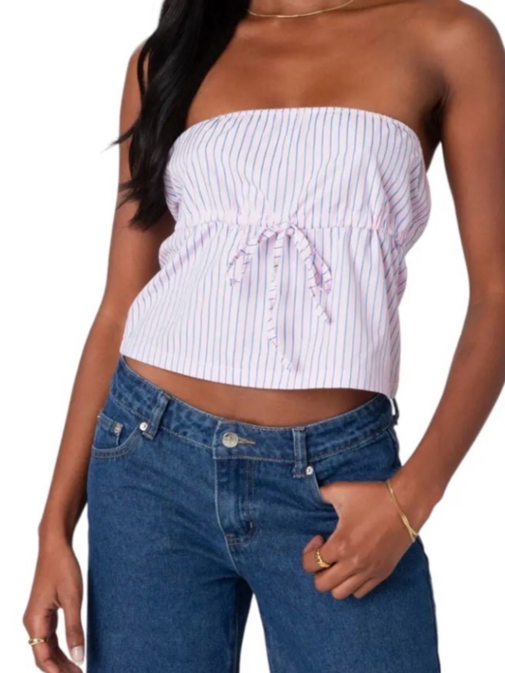 Striped Pink Strapless Drawstring Crop Top XS Edikted